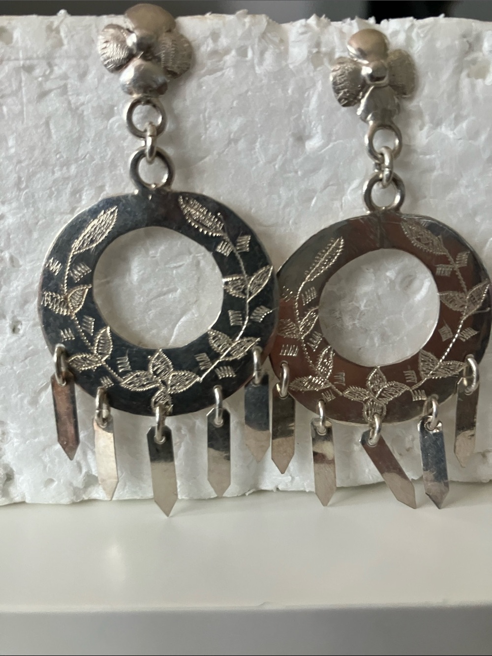 Silver Floral Engraved Hoop Dangle Earrings